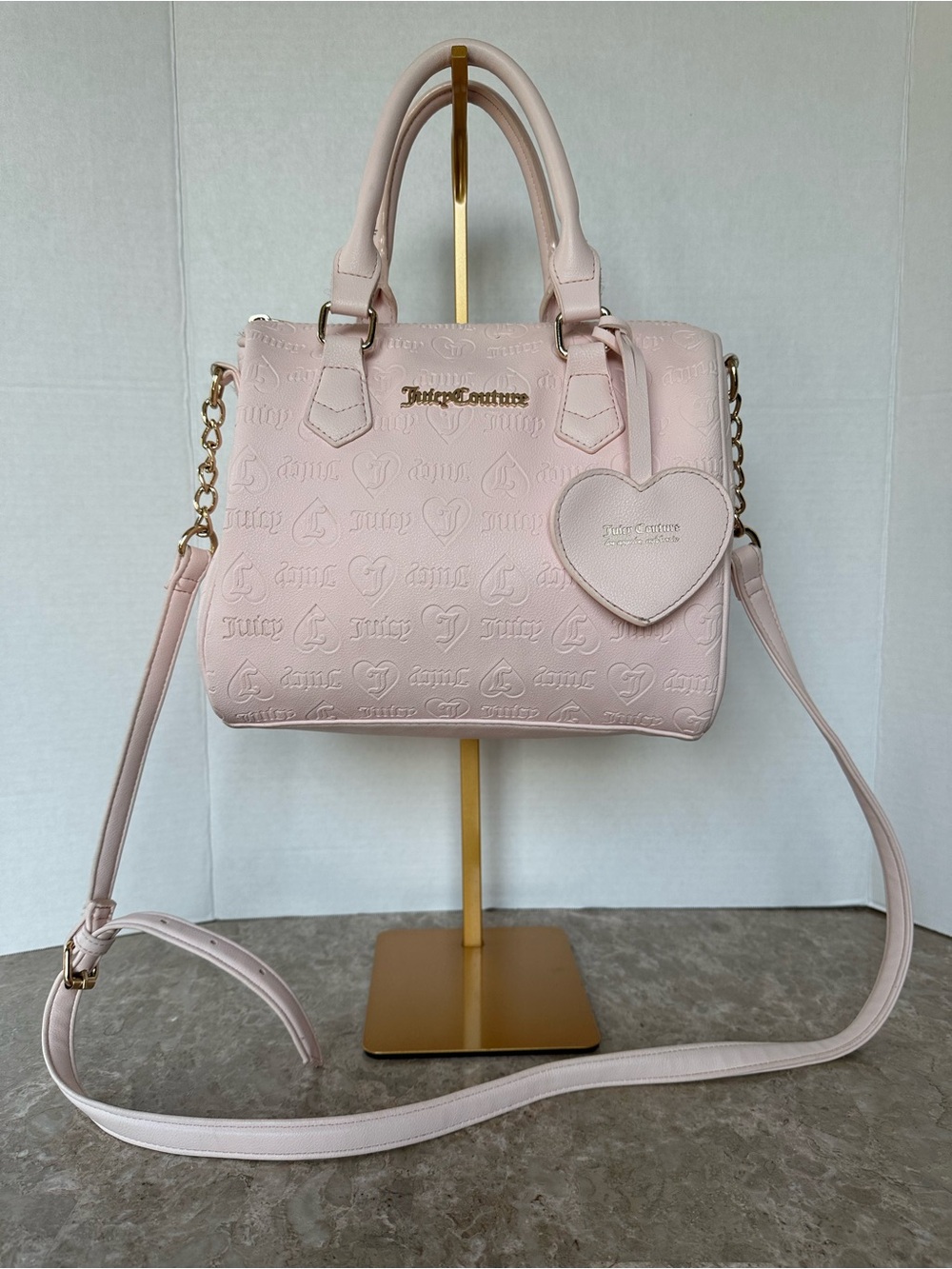 Juicy Couture Blush Pink Embossed Satchel Bag Crossbody Charm Coquette Y2K Purse